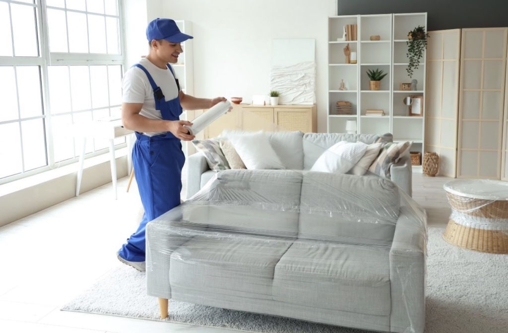 Experienced moving crew protecting couch with stretch wrap before transport | Lawrenceville Moving Company | LIBERTY PRO MOVING Experienced moving crew protecting couch with stretch wrap before transport