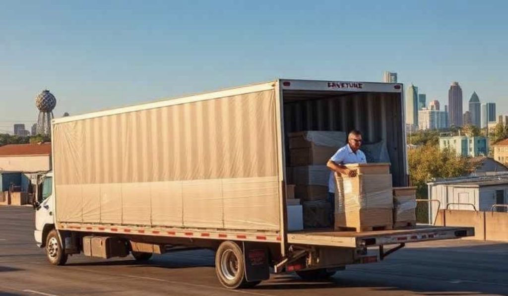 Movers loading boxes into moving truck during residential relocation | Lawrenceville Moving Company | LIBERTY PRO MOVING Movers loading boxes into moving truck during residential relocation