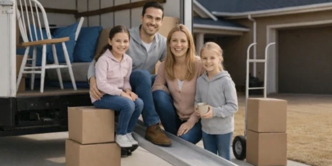 Happy family moving into new house in Georgia 