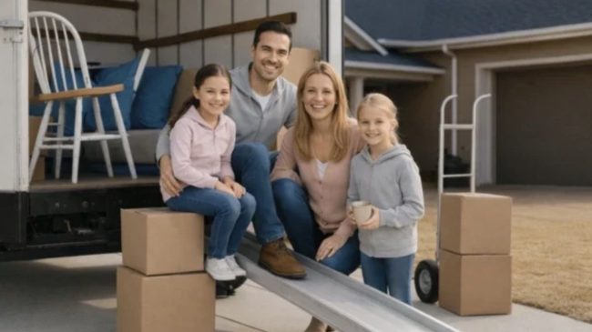 Happy family moving into new house in Georgia Happy family moving into new house in Georgia